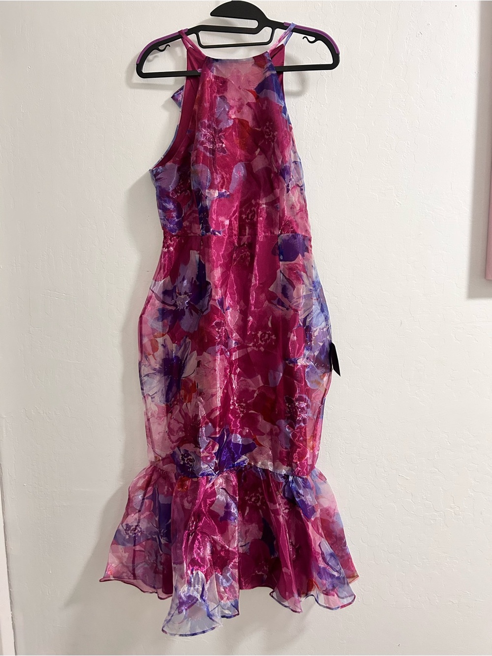 LULUS Floral Halter-Style Pink & Purple Ruffle Hem Dress